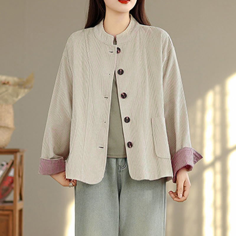 Tactile Corduroy Stand-Collar Mindful Jacket with Pockets