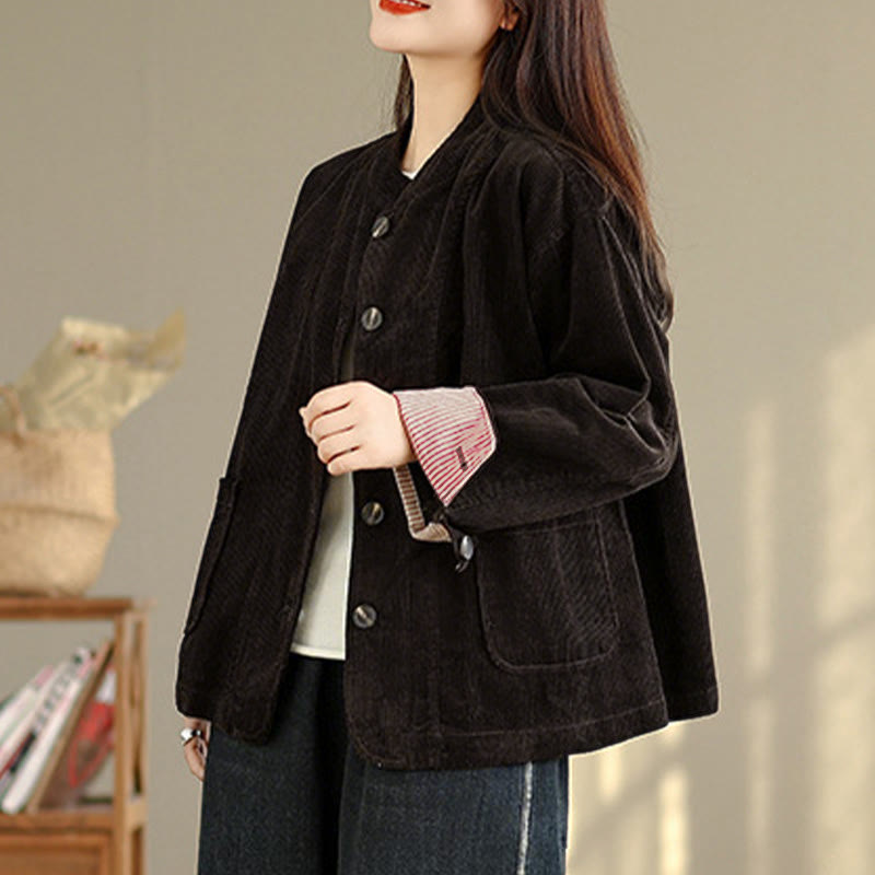 Tactile Corduroy Stand-Collar Mindful Jacket with Pockets