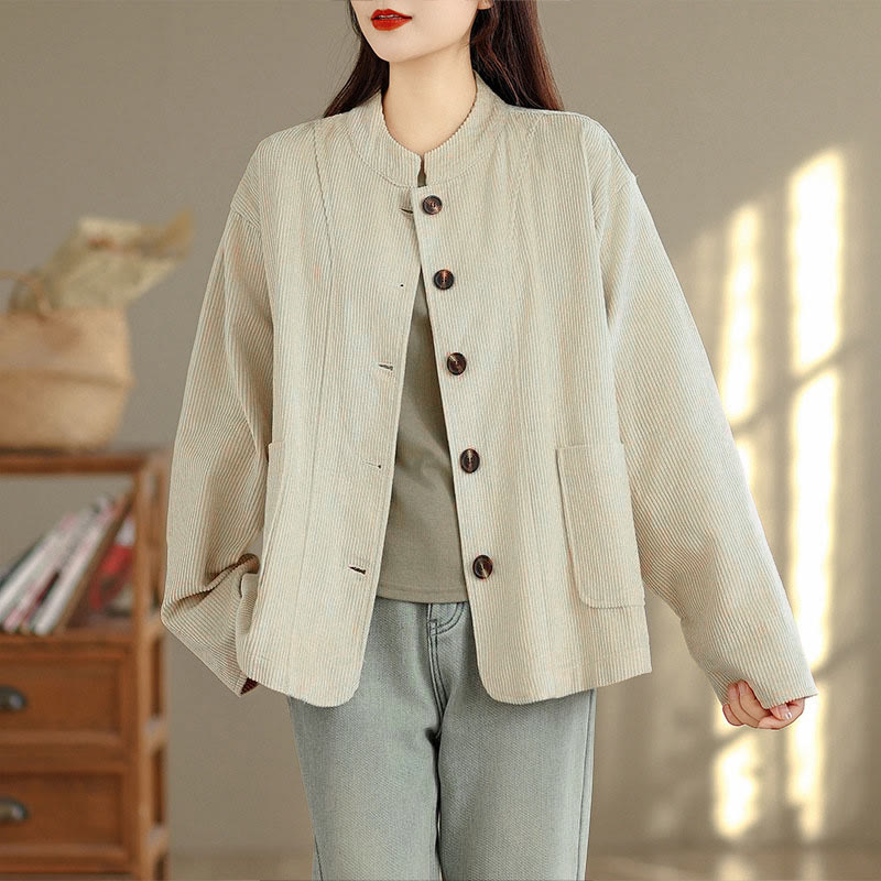 Tactile Corduroy Stand-Collar Mindful Jacket with Pockets