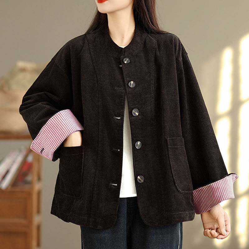 Tactile Corduroy Stand-Collar Mindful Jacket with Pockets