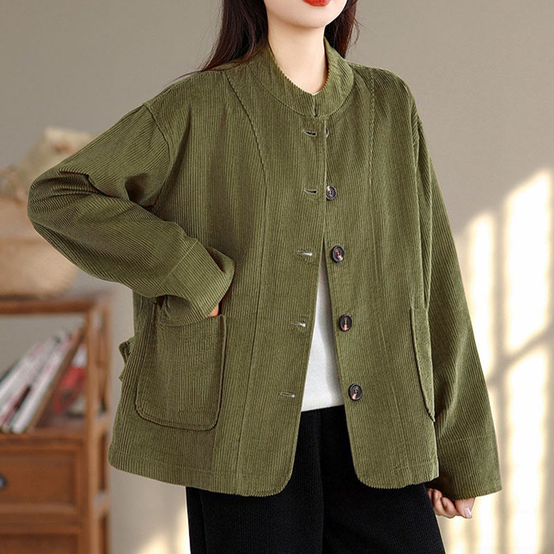 Tactile Corduroy Stand-Collar Mindful Jacket with Pockets