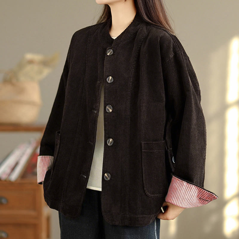 Tactile Corduroy Stand-Collar Mindful Jacket with Pockets
