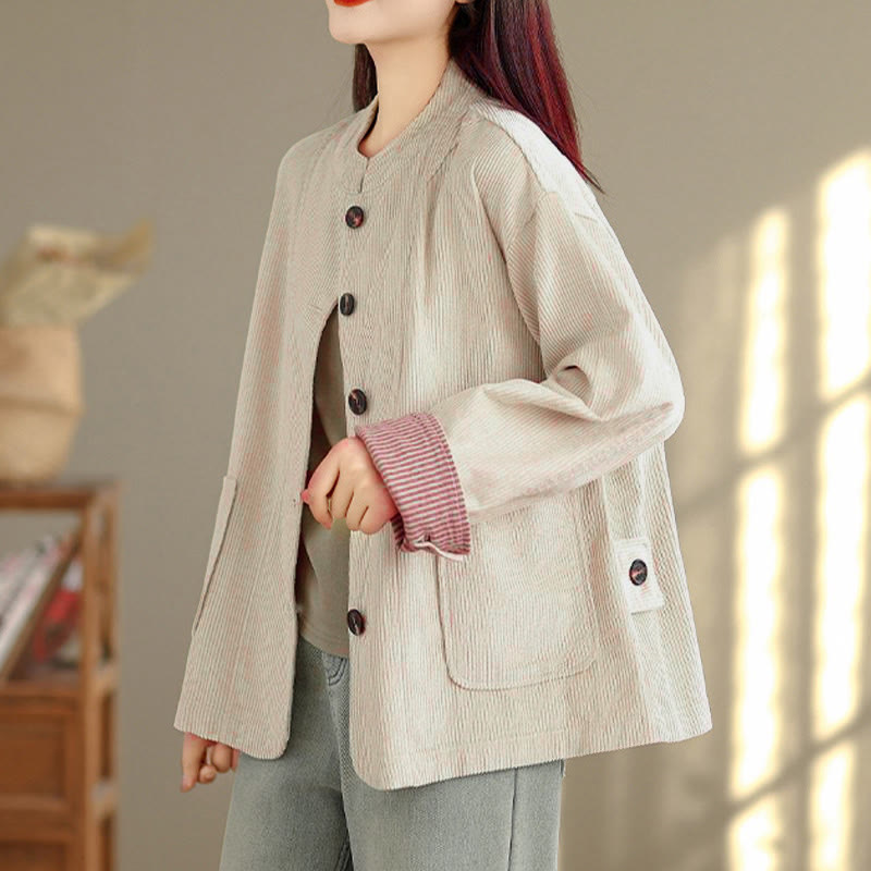 Tactile Corduroy Stand-Collar Mindful Jacket with Pockets