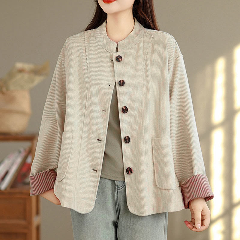 Tactile Corduroy Stand-Collar Mindful Jacket with Pockets