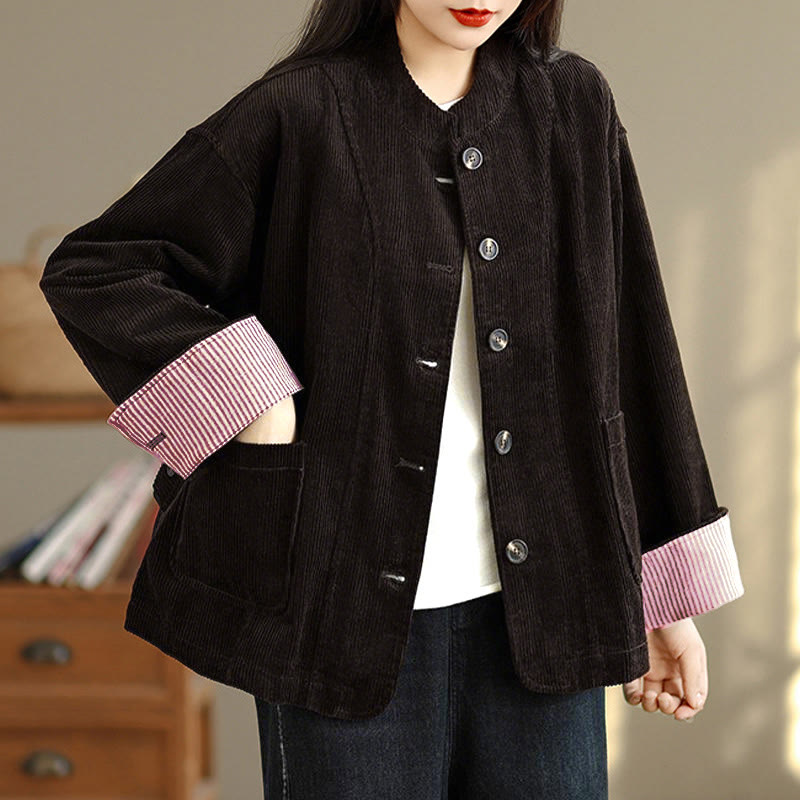 Tactile Corduroy Stand-Collar Mindful Jacket with Pockets