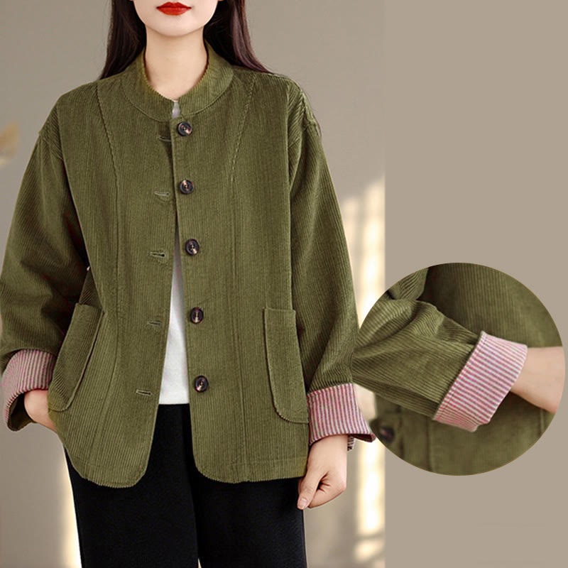 Tactile Corduroy Stand-Collar Mindful Jacket with Pockets