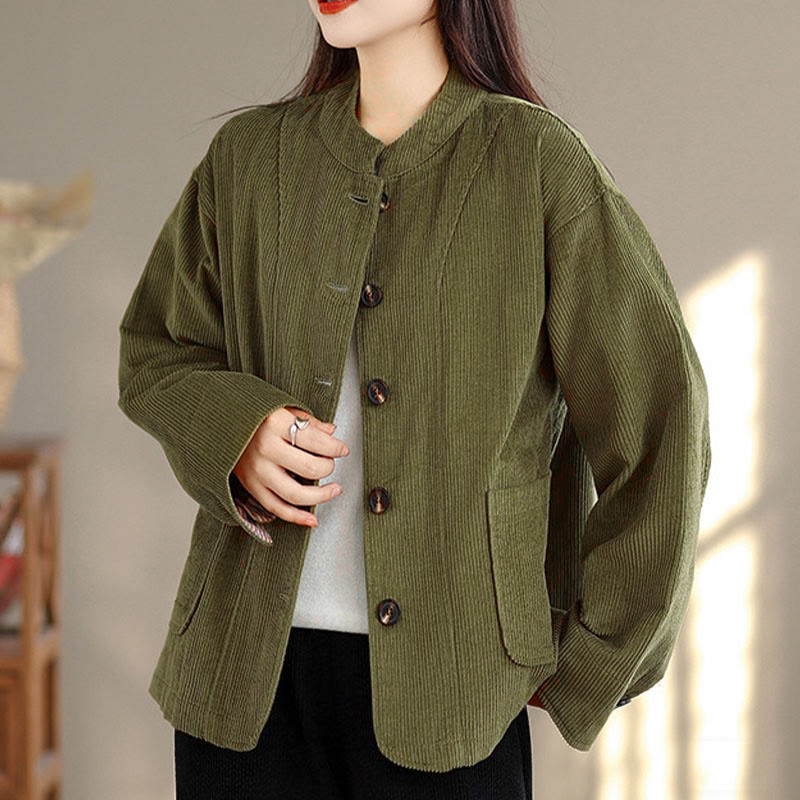Tactile Corduroy Stand-Collar Mindful Jacket with Pockets