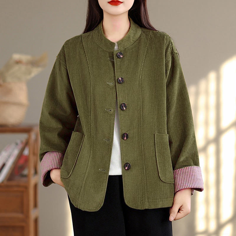 Tactile Corduroy Stand-Collar Mindful Jacket with Pockets