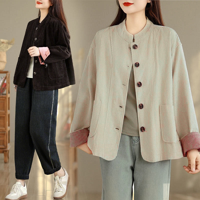 Tactile Corduroy Stand-Collar Mindful Jacket with Pockets