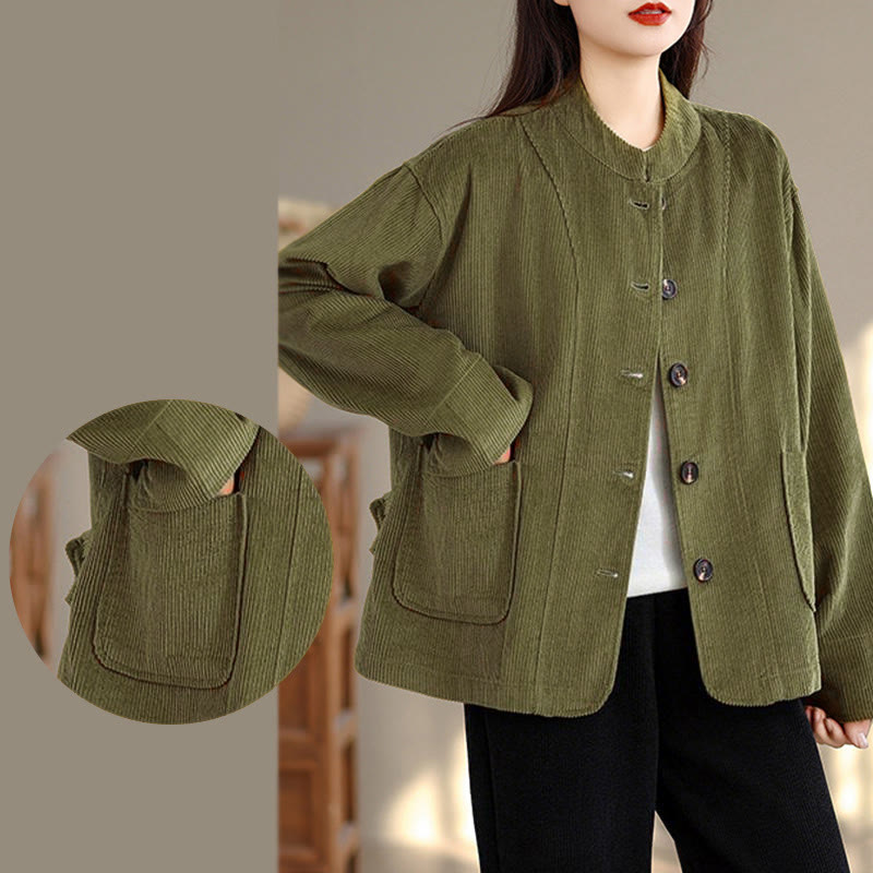 Tactile Corduroy Stand-Collar Mindful Jacket with Pockets