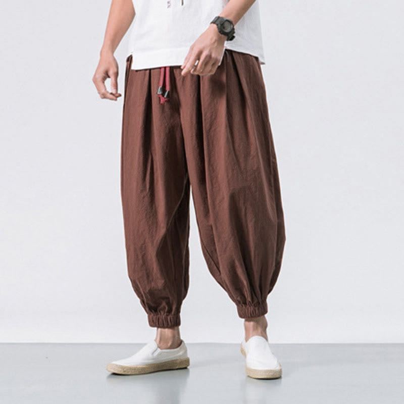 Casual Sports Men's Solid Color Cotton Drawstring Pants With Pockets