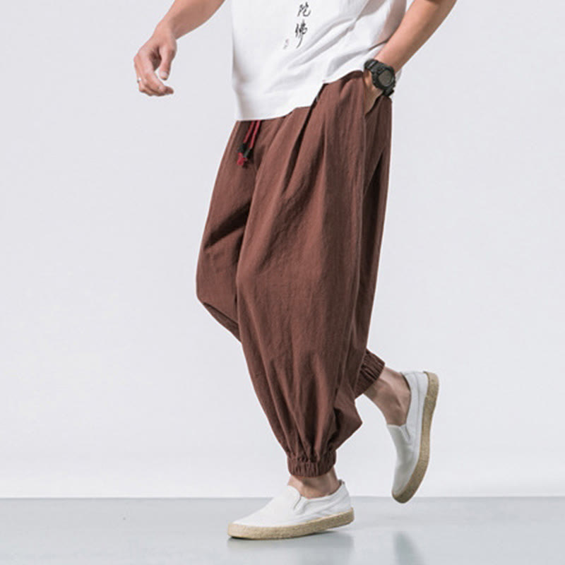Casual Sports Men's Solid Color Cotton Drawstring Pants With Pockets