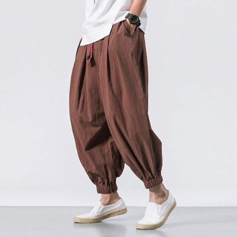 Casual Sports Men's Solid Color Cotton Drawstring Pants With Pockets
