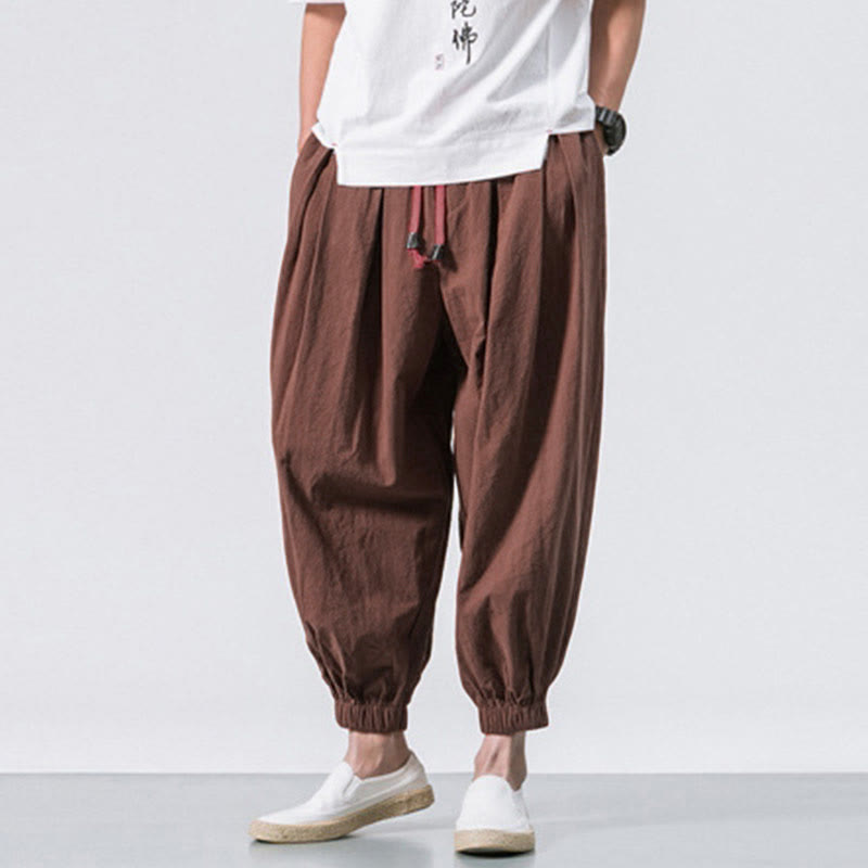 Casual Sports Men's Solid Color Cotton Drawstring Pants With Pockets