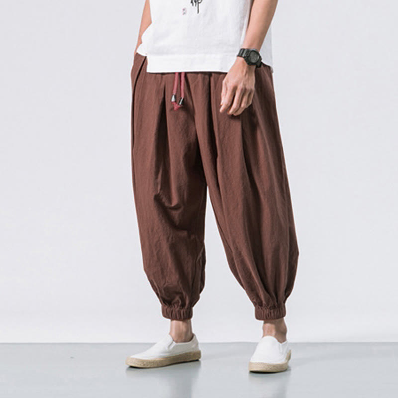 Casual Sports Men's Solid Color Cotton Drawstring Pants With Pockets