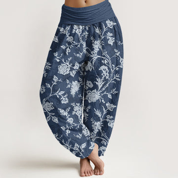Tactile Cotton Pleated Waist Floral Meditation Harem Pants