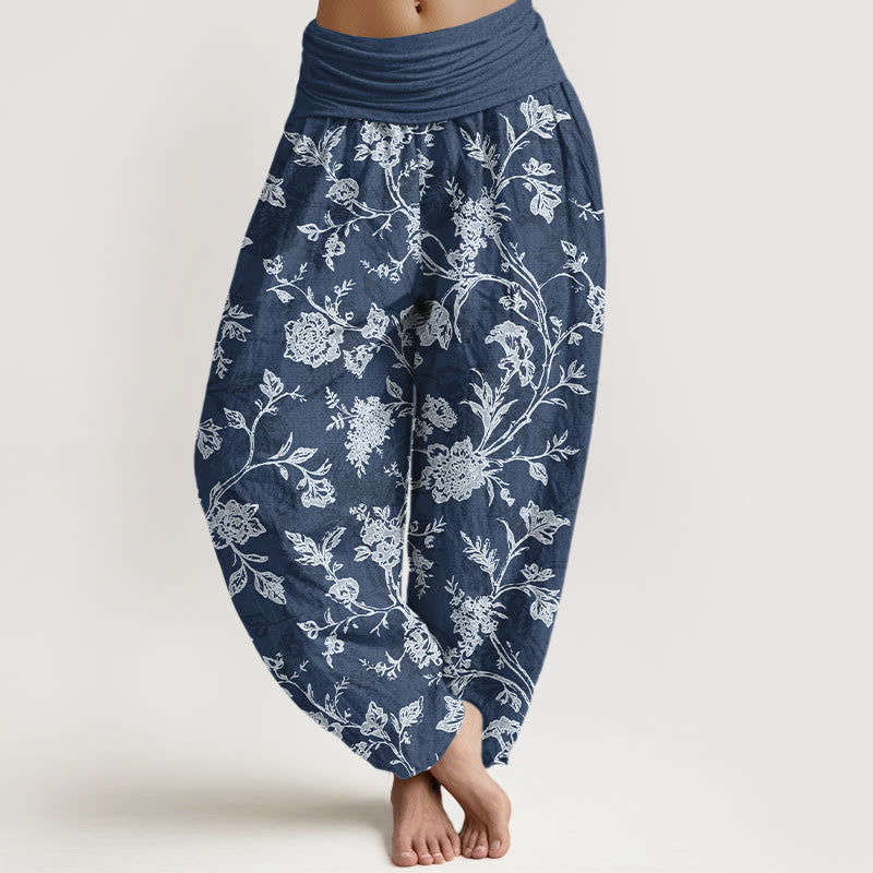 Tactile Cotton Pleated Waist Floral Meditation Harem Pants