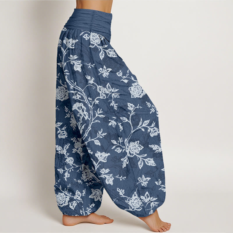 Tactile Cotton Pleated Waist Floral Meditation Harem Pants