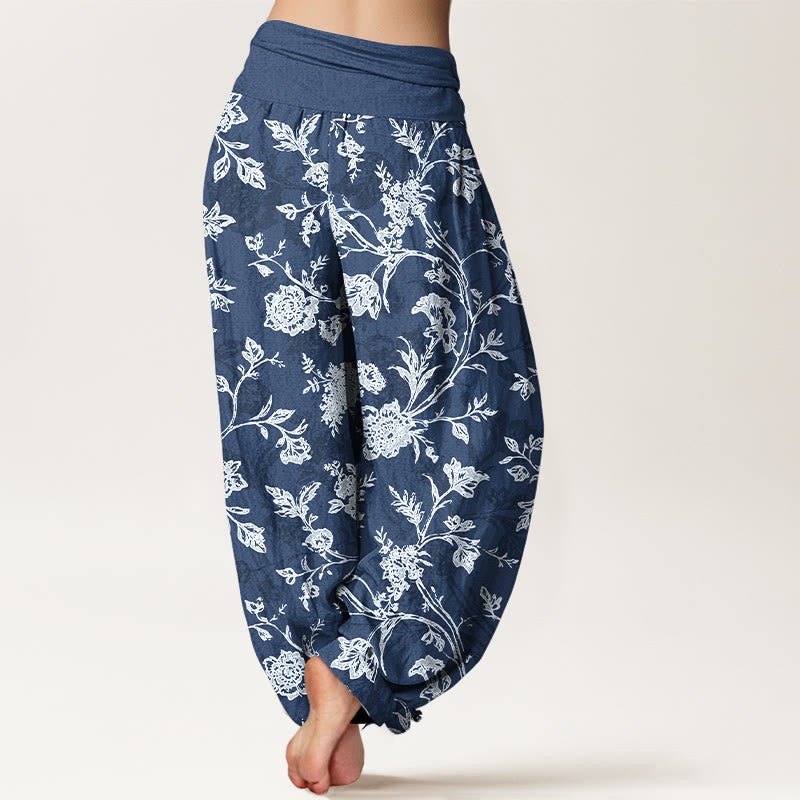 Tactile Cotton Pleated Waist Floral Meditation Harem Pants