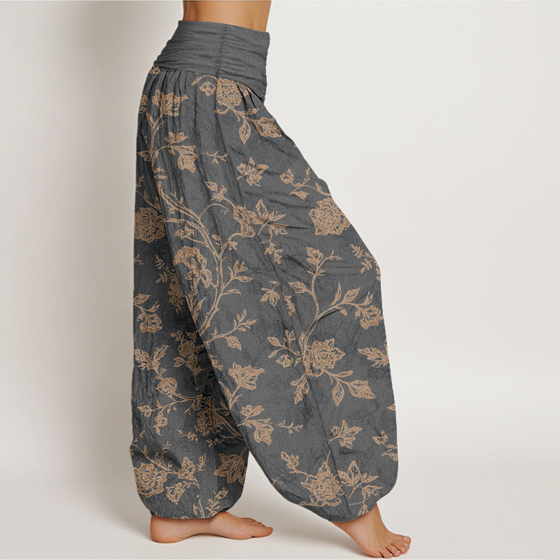 Tactile Cotton Pleated Waist Floral Meditation Harem Pants