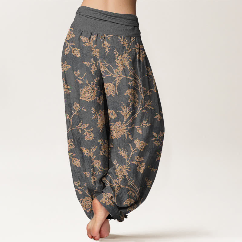 Tactile Cotton Pleated Waist Floral Meditation Harem Pants