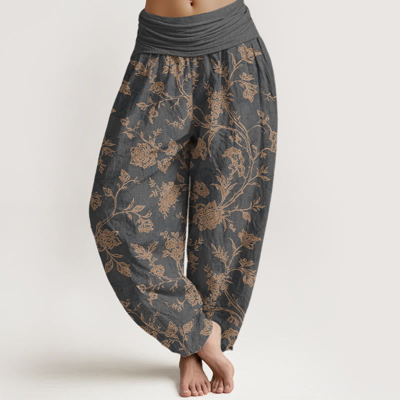 Tactile Cotton Pleated Waist Floral Meditation Harem Pants