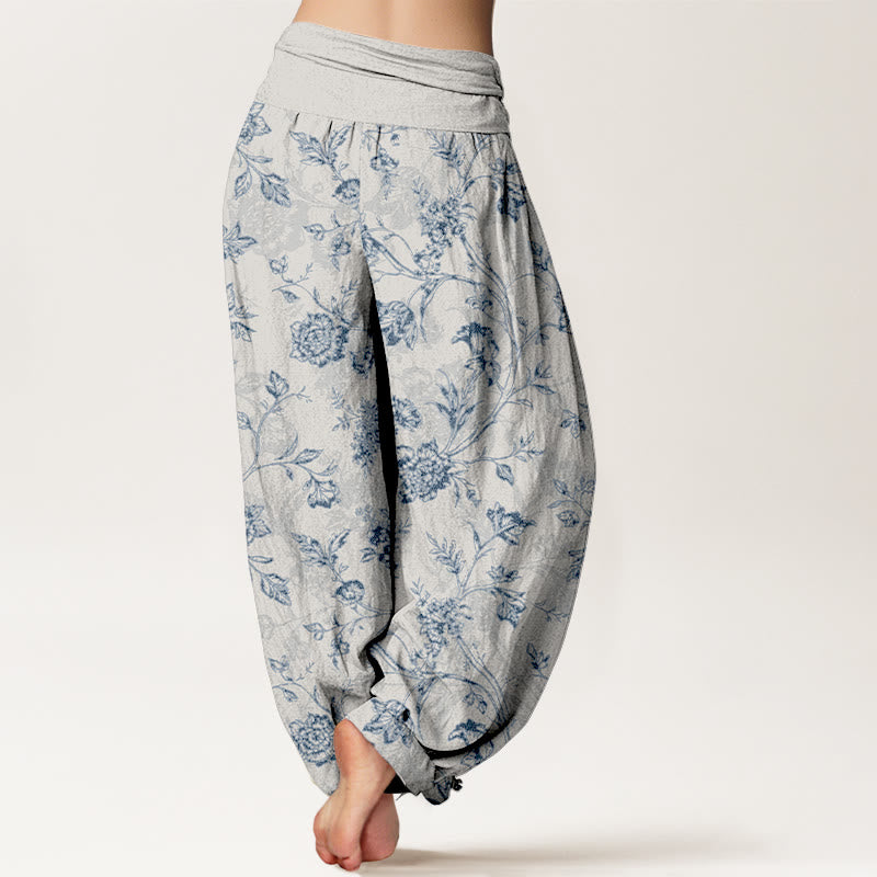 Tactile Cotton Pleated Waist Floral Meditation Harem Pants