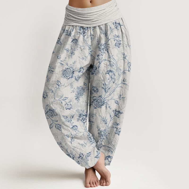 Tactile Cotton Pleated Waist Floral Meditation Harem Pants