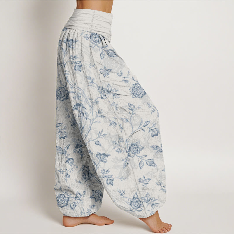 Tactile Cotton Pleated Waist Floral Meditation Harem Pants