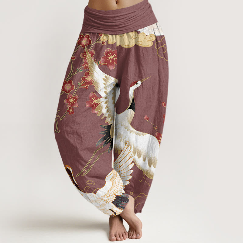 Pure Cotton Cranes Flowers Auspicious Clouds Pattern Women's Elastic Waist Harem Pants