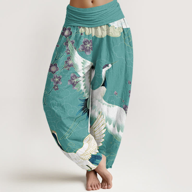 Pure Cotton Cranes Flowers Auspicious Clouds Pattern Women's Elastic Waist Harem Pants