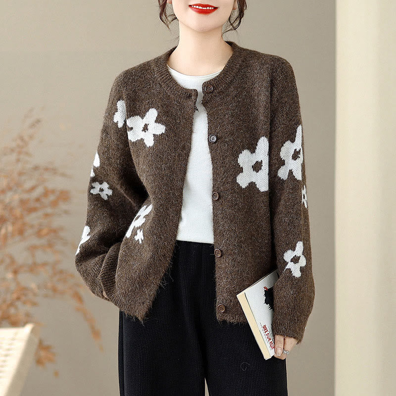 Winter Flowers Buttons Cotton Women's Long Sleeve Knitted Cardigan