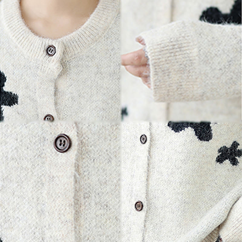 Winter Flowers Buttons Cotton Women's Long Sleeve Knitted Cardigan