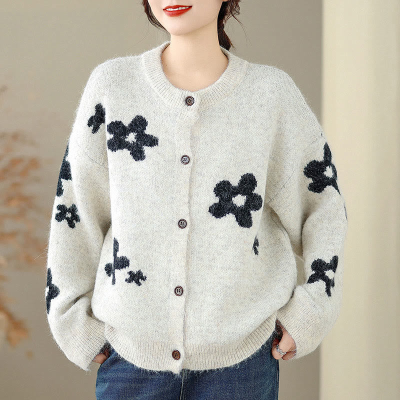 Winter Flowers Buttons Cotton Women's Long Sleeve Knitted Cardigan