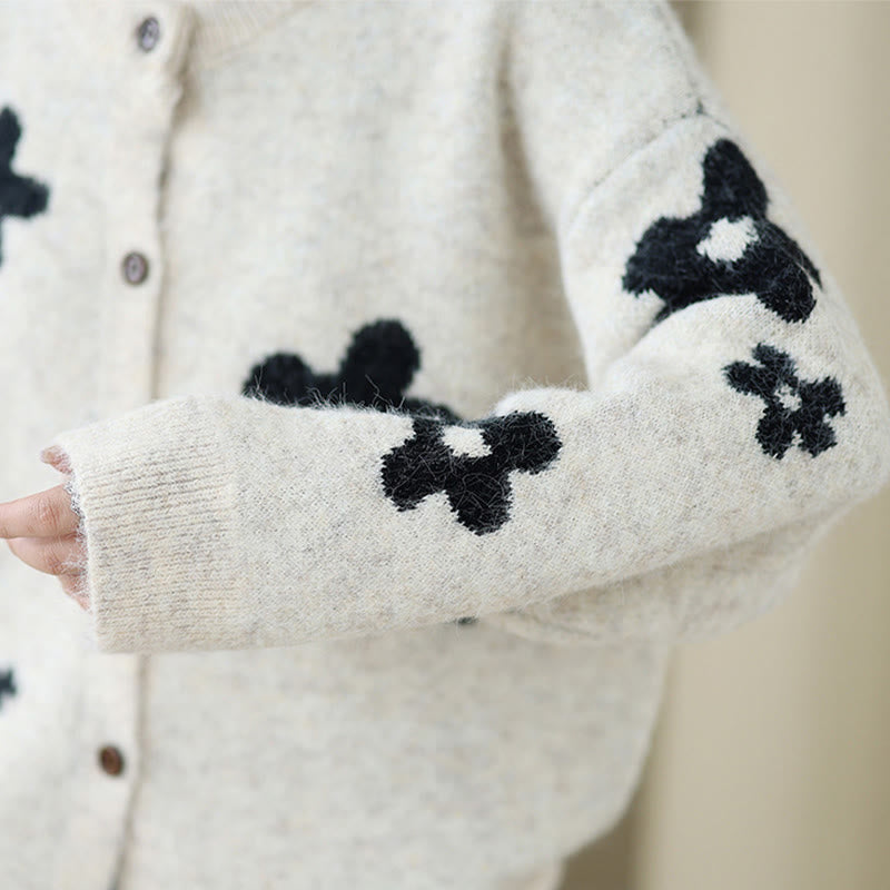 Winter Flowers Buttons Cotton Women's Long Sleeve Knitted Cardigan