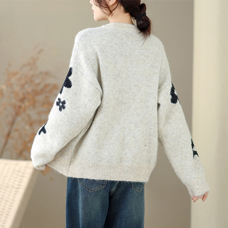 Winter Flowers Buttons Cotton Women's Long Sleeve Knitted Cardigan
