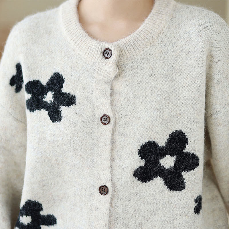 Winter Flowers Buttons Cotton Women's Long Sleeve Knitted Cardigan