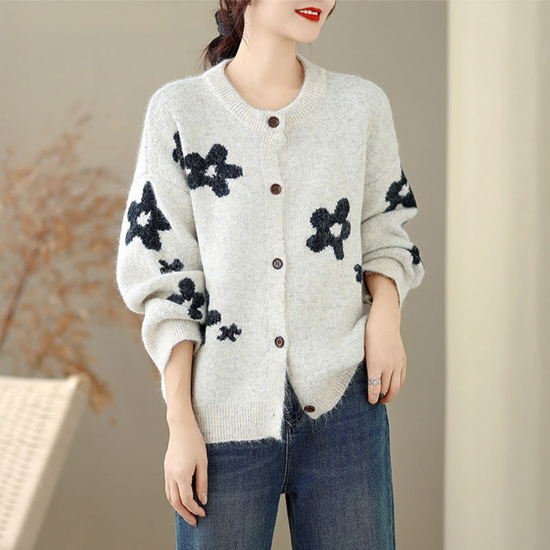 Winter Flowers Buttons Cotton Women's Long Sleeve Knitted Cardigan