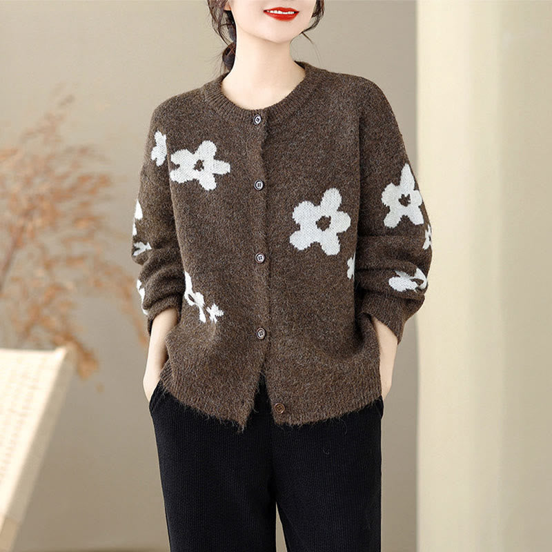 Winter Flowers Buttons Cotton Women's Long Sleeve Knitted Cardigan