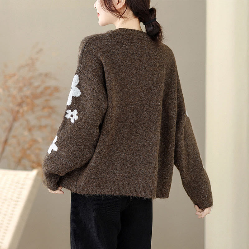 Winter Flowers Buttons Cotton Women's Long Sleeve Knitted Cardigan