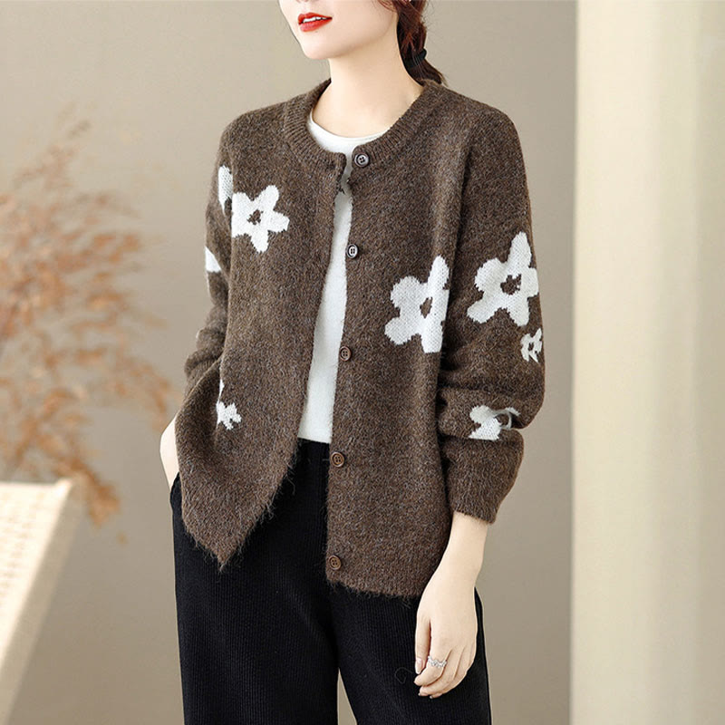 Winter Flowers Buttons Cotton Women's Long Sleeve Knitted Cardigan