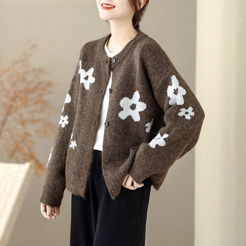 Winter Flowers Buttons Cotton Women's Long Sleeve Knitted Cardigan