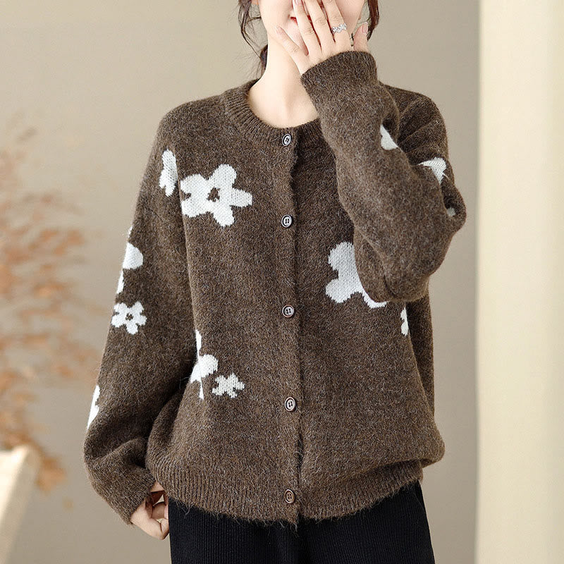 Winter Flowers Buttons Cotton Women's Long Sleeve Knitted Cardigan