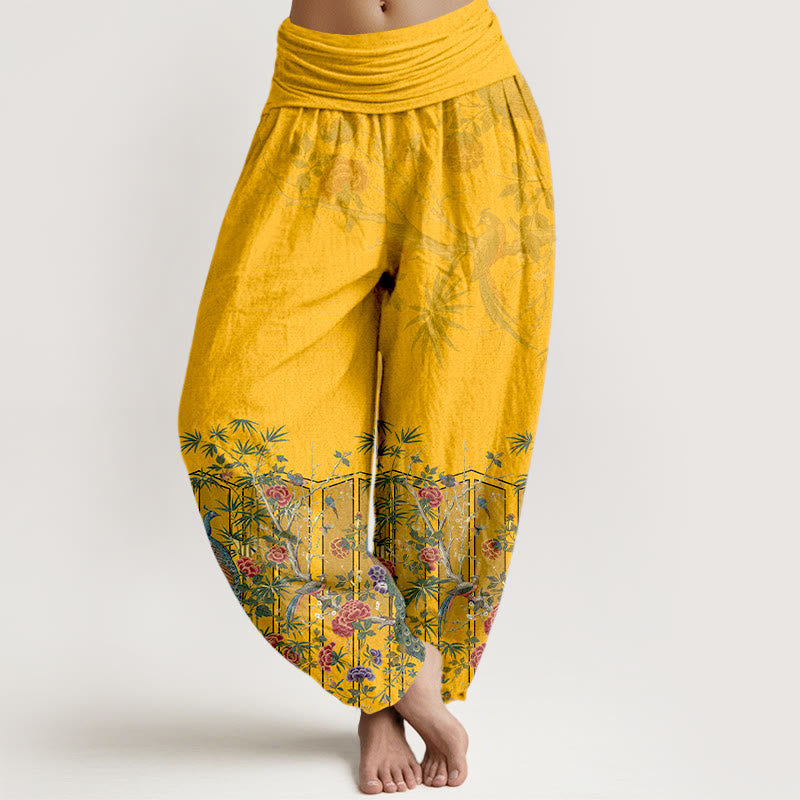 Breathable Cotton Botanical Pleated Waist Meditation Harem Pants