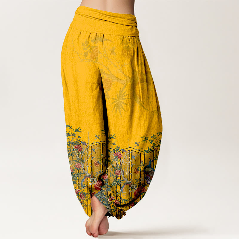 Breathable Cotton Botanical Pleated Waist Meditation Harem Pants