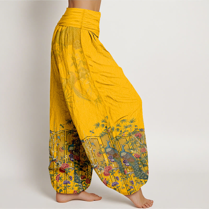 Breathable Cotton Botanical Pleated Waist Meditation Harem Pants
