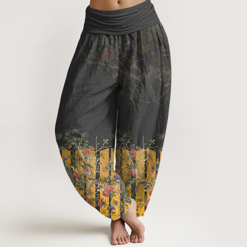 Breathable Cotton Botanical Pleated Waist Meditation Harem Pants