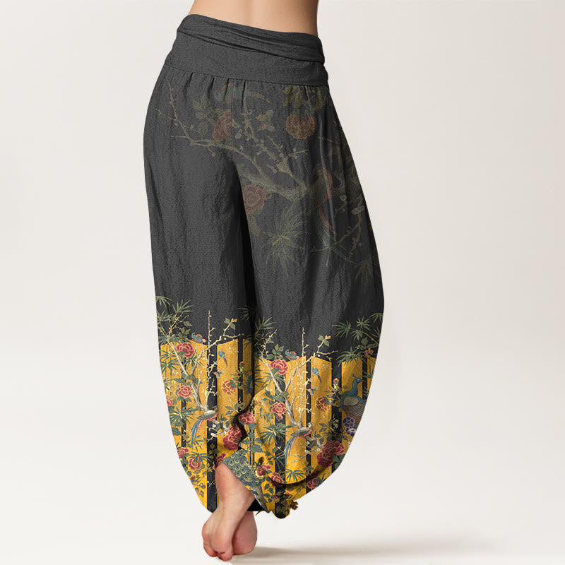 Breathable Cotton Botanical Pleated Waist Meditation Harem Pants