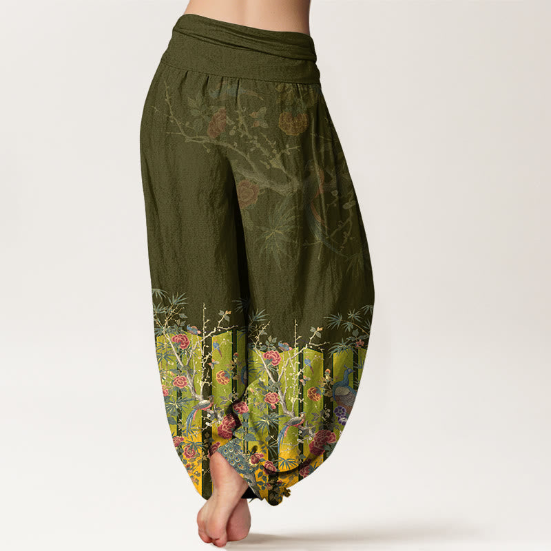 Breathable Cotton Botanical Pleated Waist Meditation Harem Pants