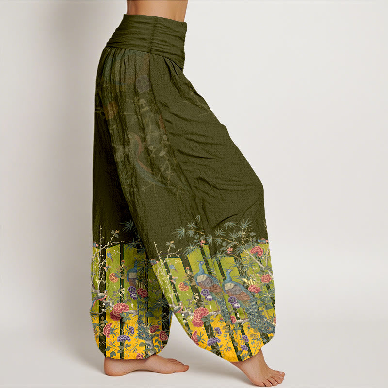 Breathable Cotton Botanical Pleated Waist Meditation Harem Pants